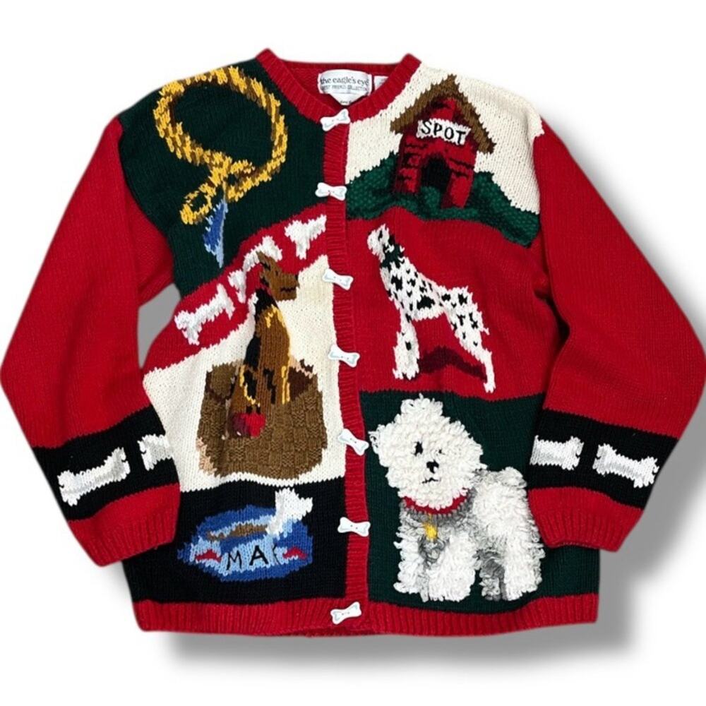 Eagle's Eye Dog Print Sweater Hand Knit All Over Embroidered Vintage Large